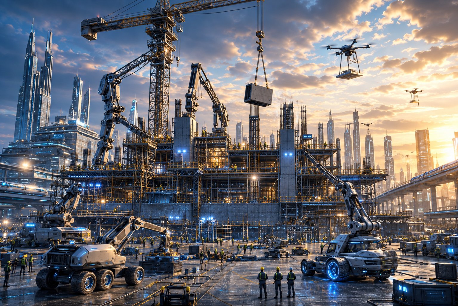 Arte conceitual representando um canteiro de obras futurista, com maquinário robótico e drones, ilustrando inovação tecnológica na construção civil