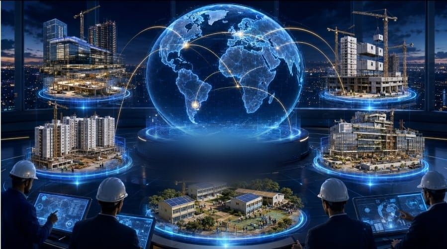 Arte conceitual representando rede de projetos e tecnologia aplicada à engenharia civil